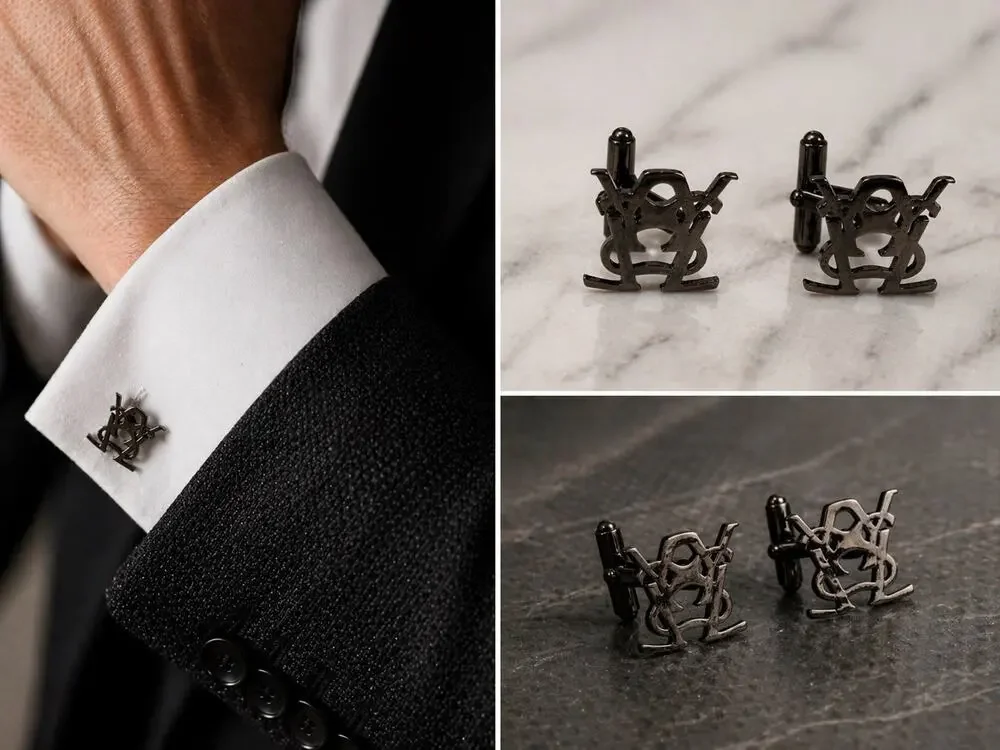 Yves Saint Laurent YSL Monogram Gunmetal Cufflinks Logo Designer Quiet Luxury